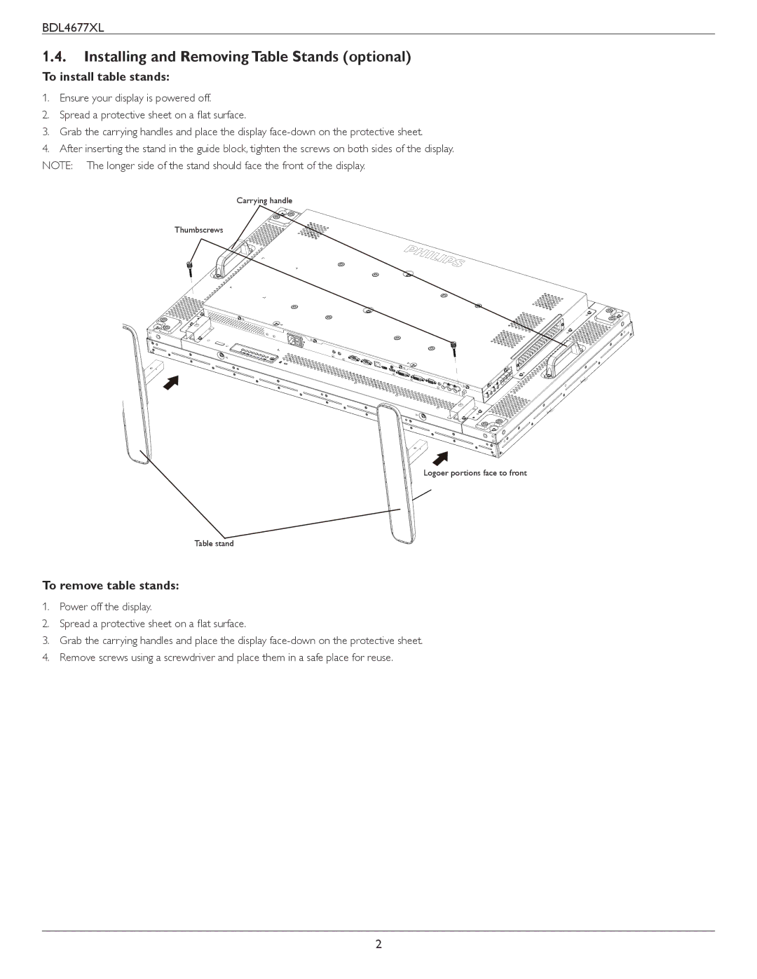 Philips BDL4677XL Installing and Removing Table Stands optional, To install table stands, To remove table stands 