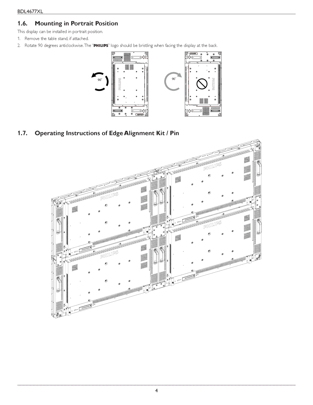 Philips BDL4677XL user manual Mounting in Portrait Position, Operating Instructions of Edge Alignment Kit / Pin 