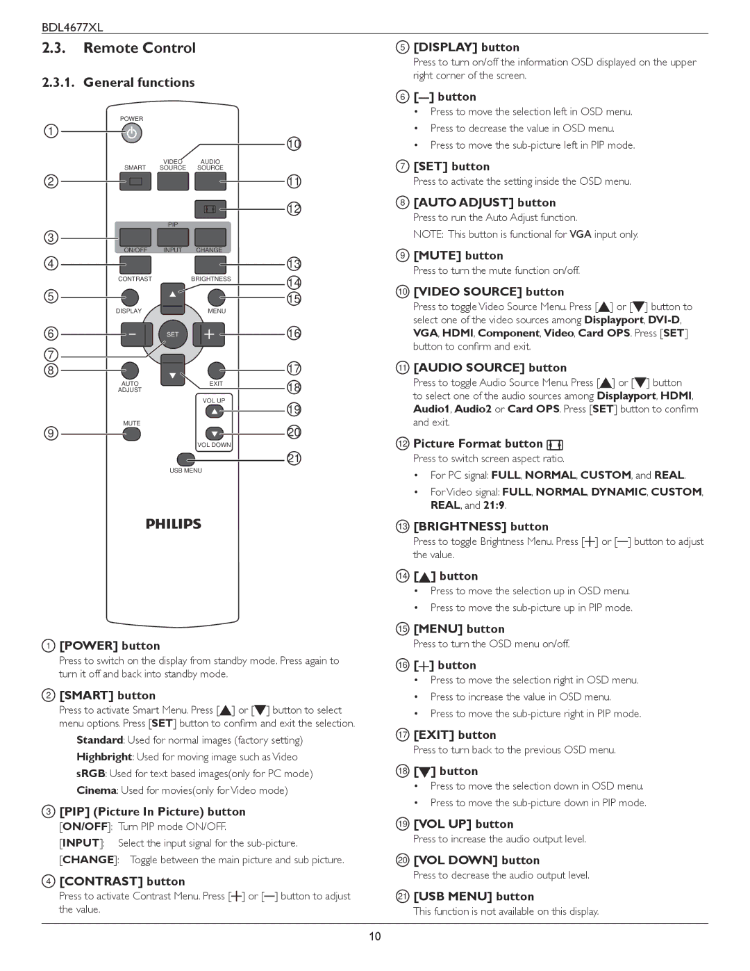 Philips BDL4677XL user manual Remote Control, General functions 