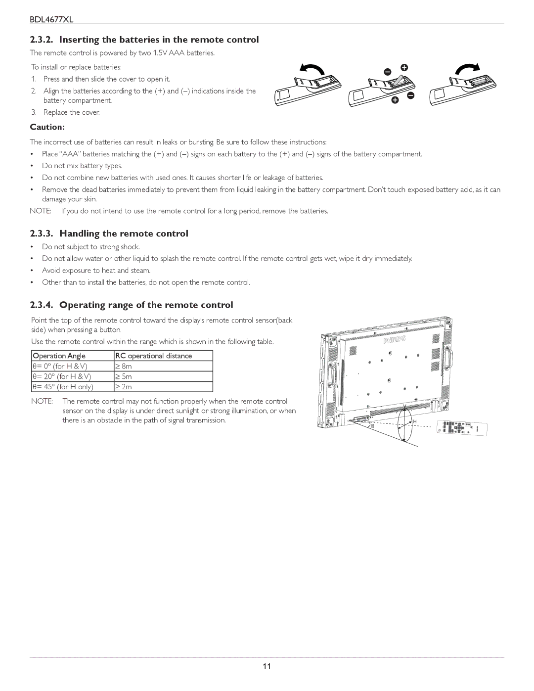 Philips BDL4677XL user manual Inserting the batteries in the remote control, Handling the remote control 