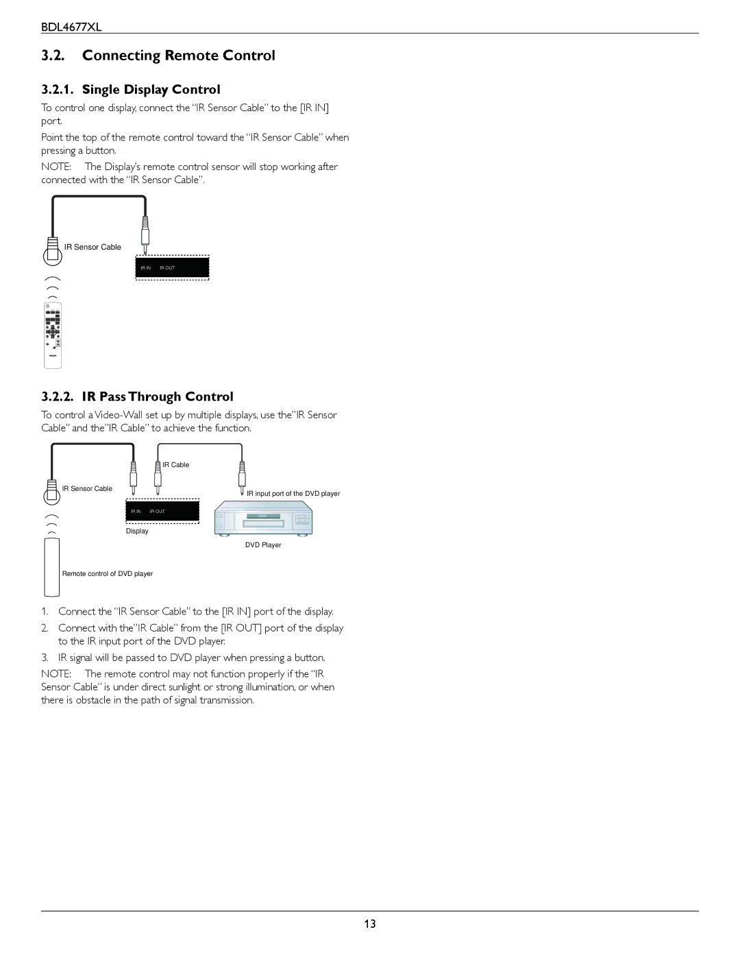 Philips BDL4677XL user manual Connecting Remote Control, Single Display Control, IR Pass Through Control 