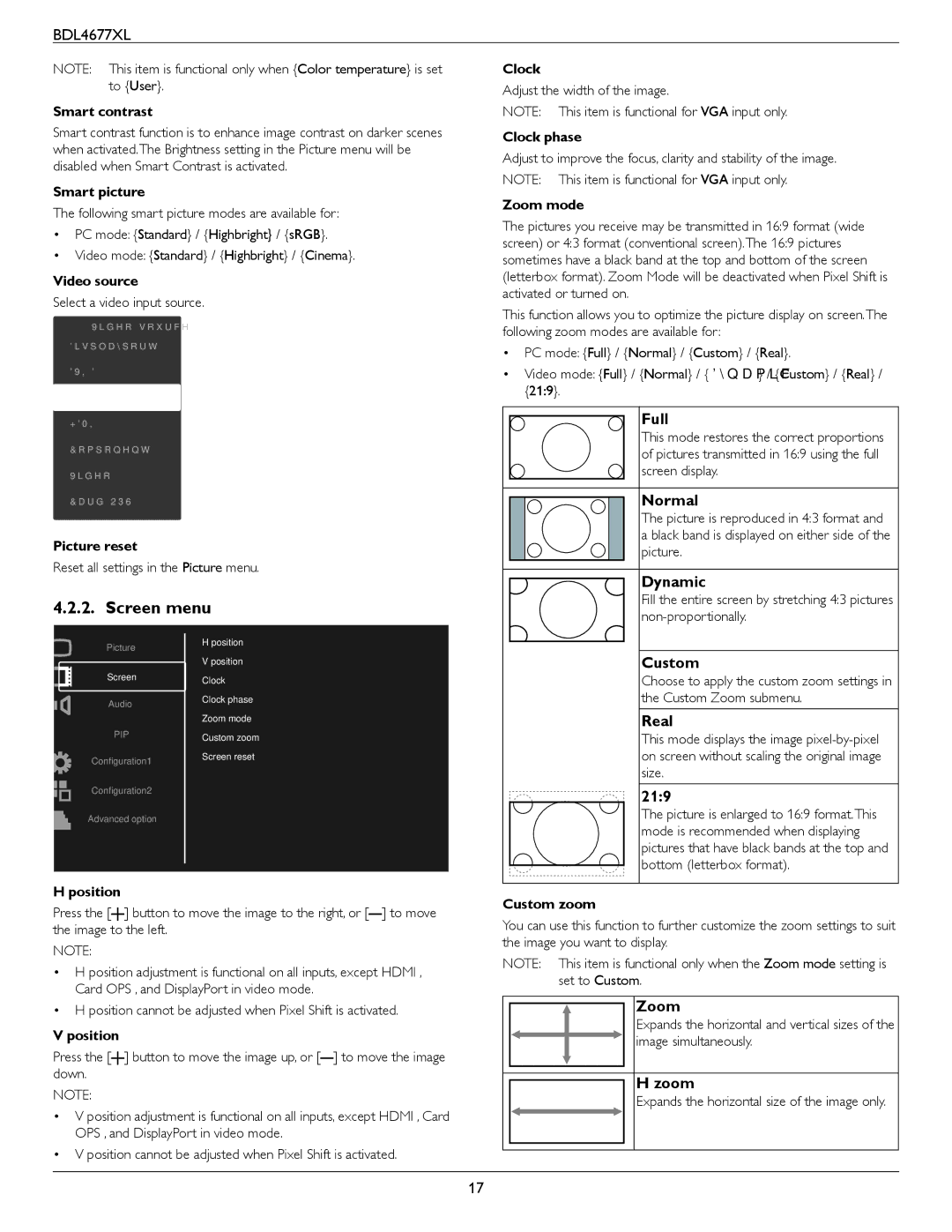 Philips BDL4677XL user manual Screen menu 