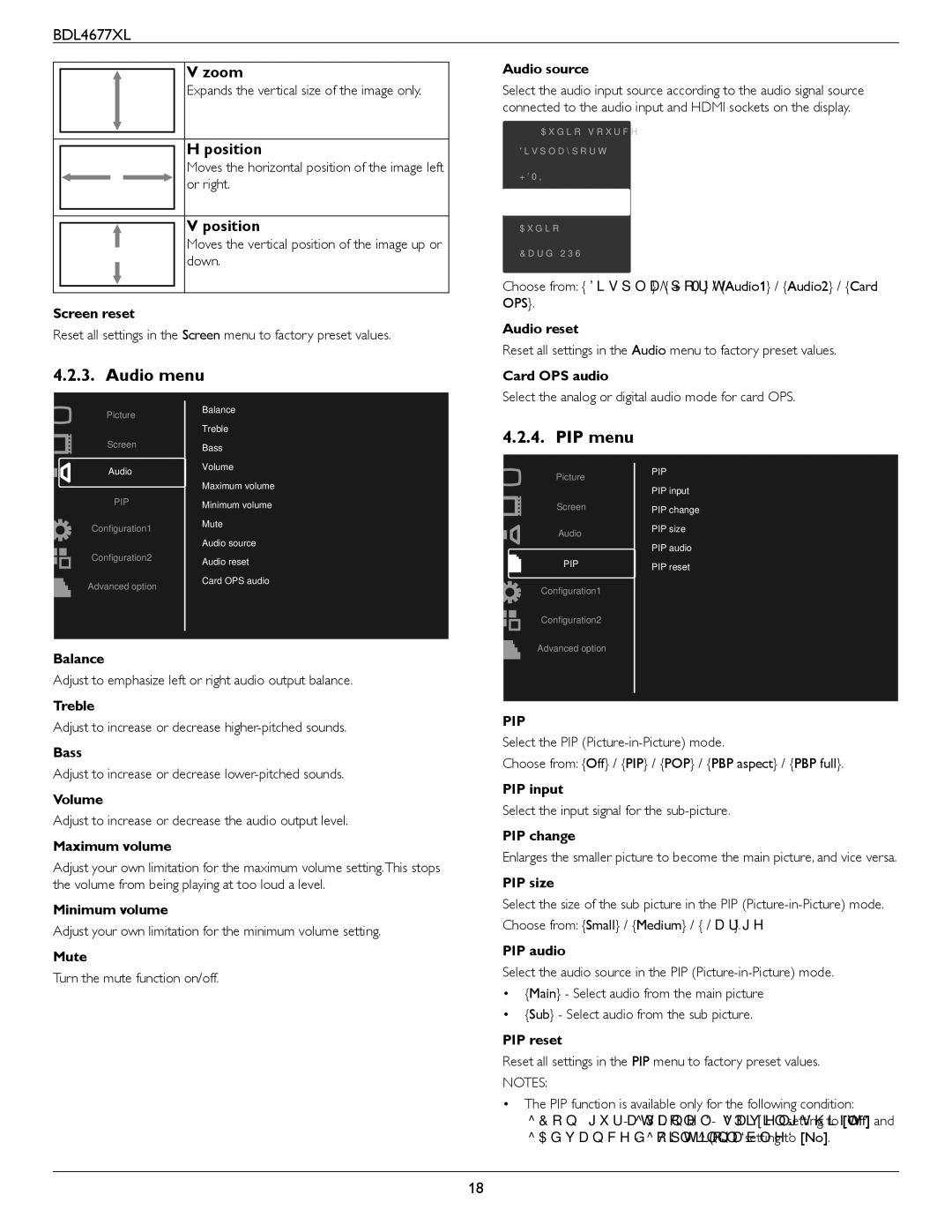 Philips BDL4677XL user manual Audio menu, PIP menu, Position 