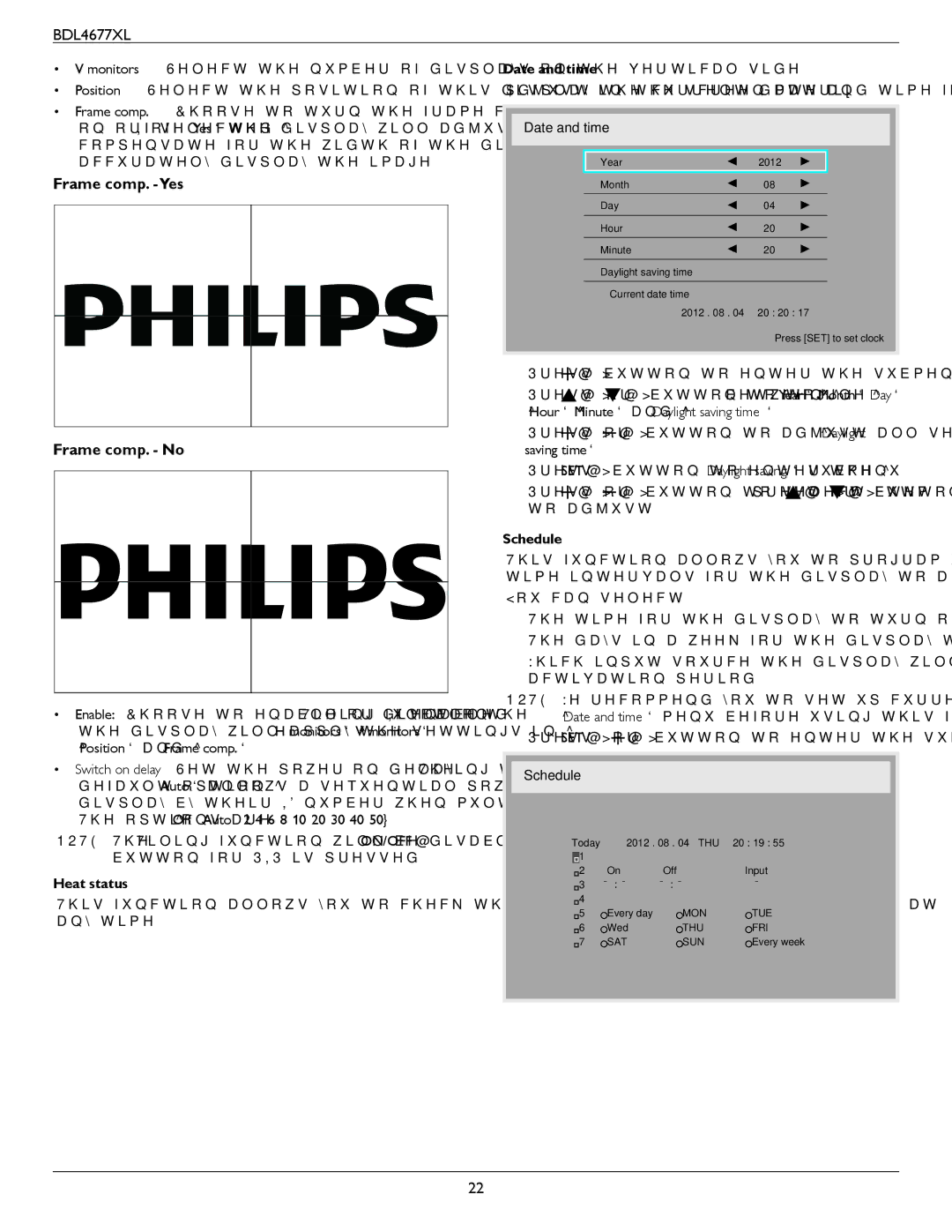 Philips BDL4677XL user manual Frame comp. -Yes Frame comp. No, Heat status, Date and time, Schedule 