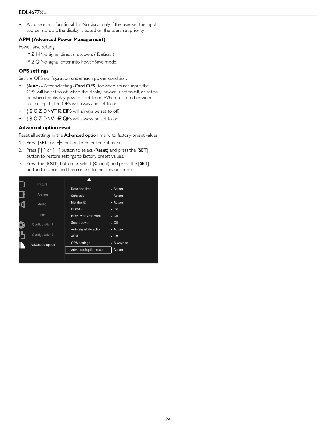 Philips BDL4677XL APM Advanced Power Management, OPS settings, Set the OPS configuration under each power condition 