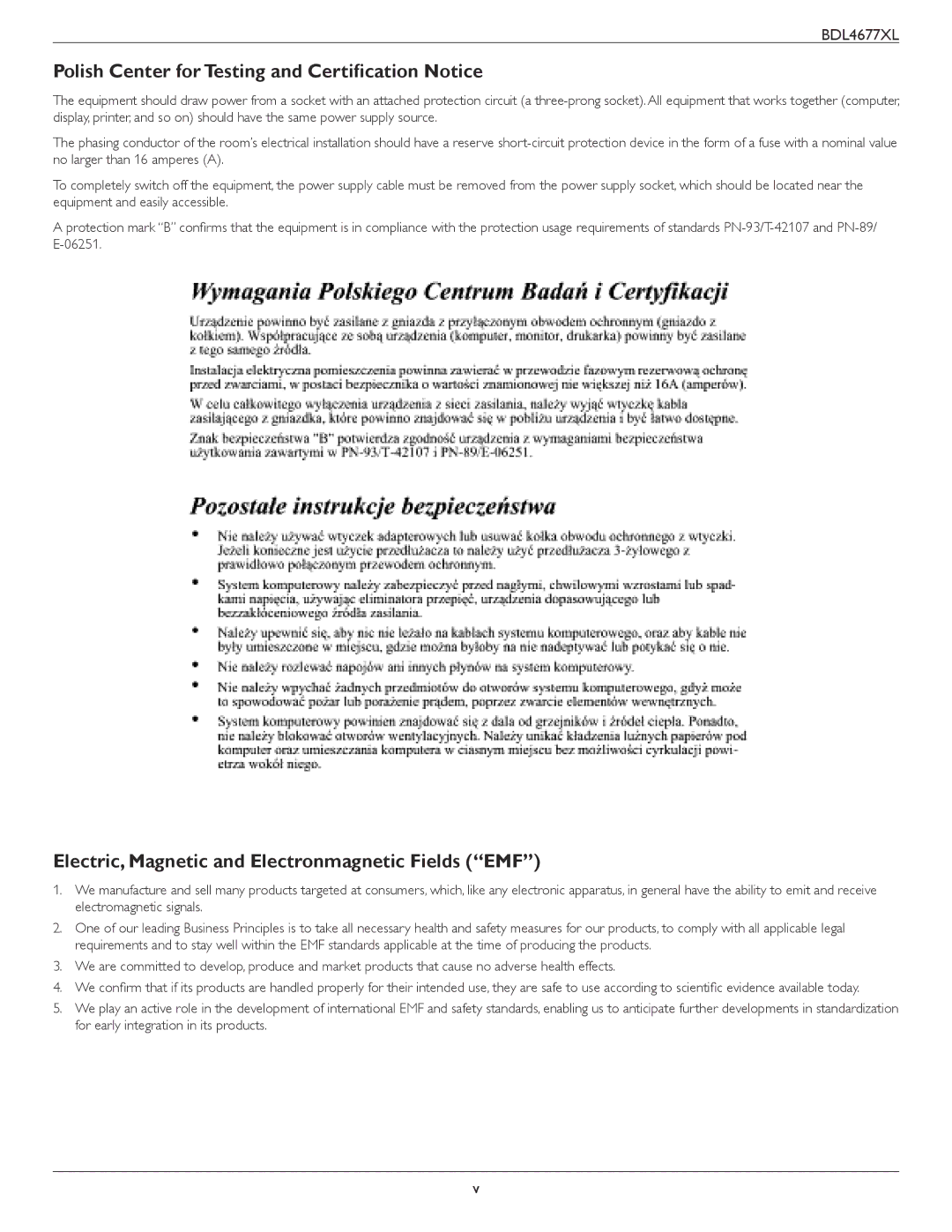 Philips BDL4677XL Polish Center for Testing and Certification Notice, Electric, Magnetic and Electronmagnetic Fields EMF 