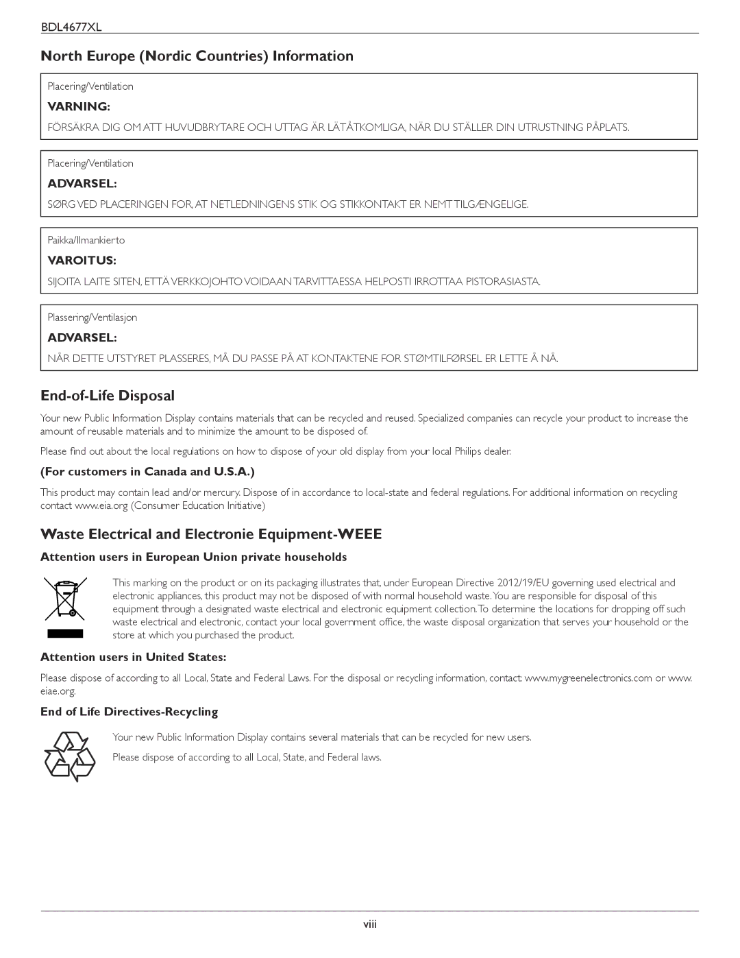 Philips BDL4677XL North Europe Nordic Countries Information, End-of-Life Disposal, For customers in Canada and U.S.A 