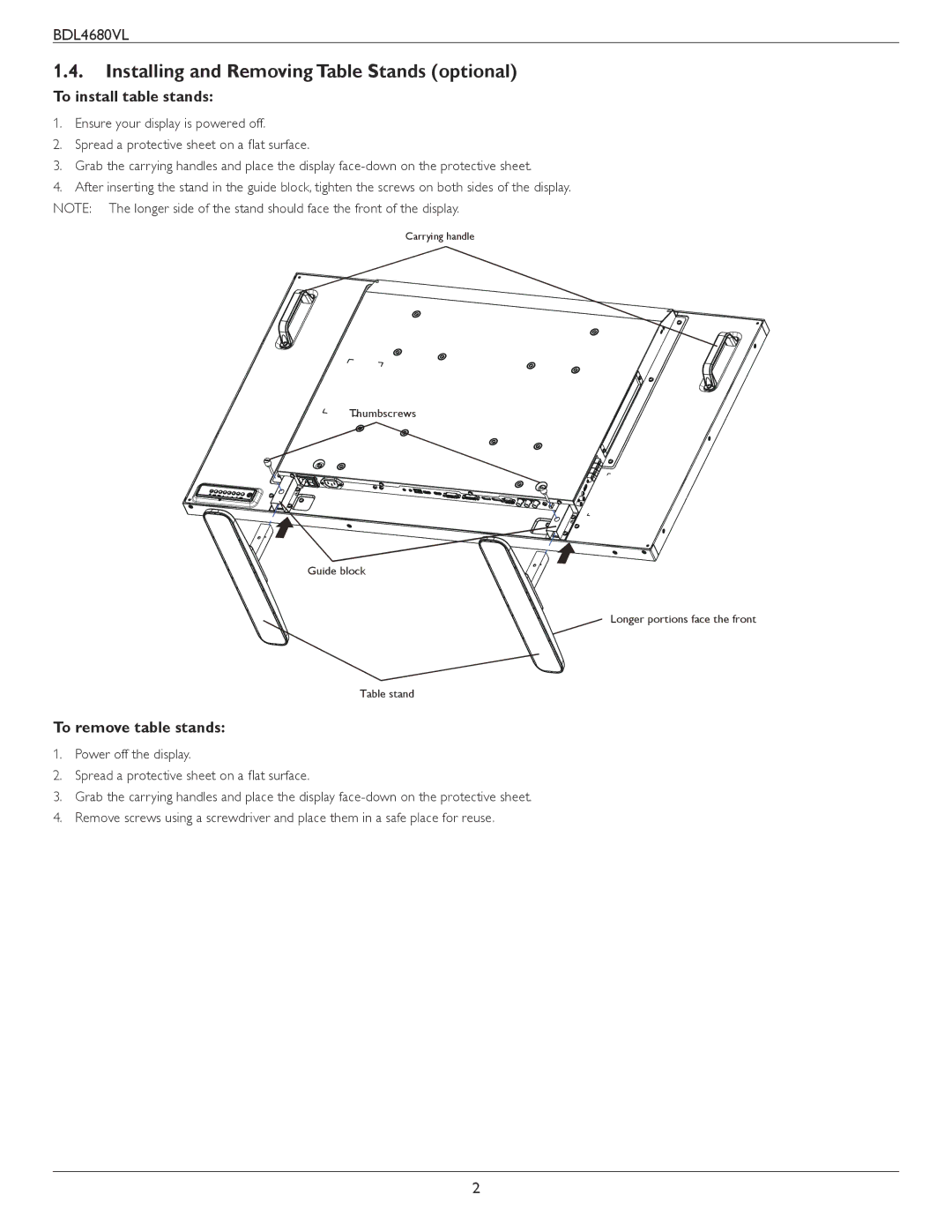 Philips BDL4680VL Installing and Removing Table Stands optional, To install table stands, To remove table stands 