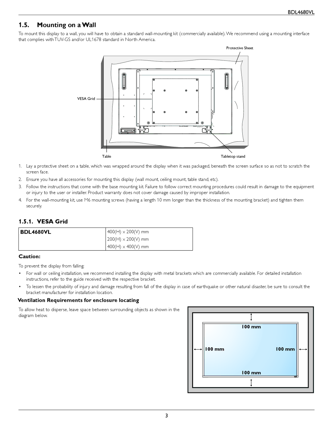 Philips BDL4680VL user manual Mounting on a Wall, Vesa Grid, Ventilation Requirements for enclosure locating 