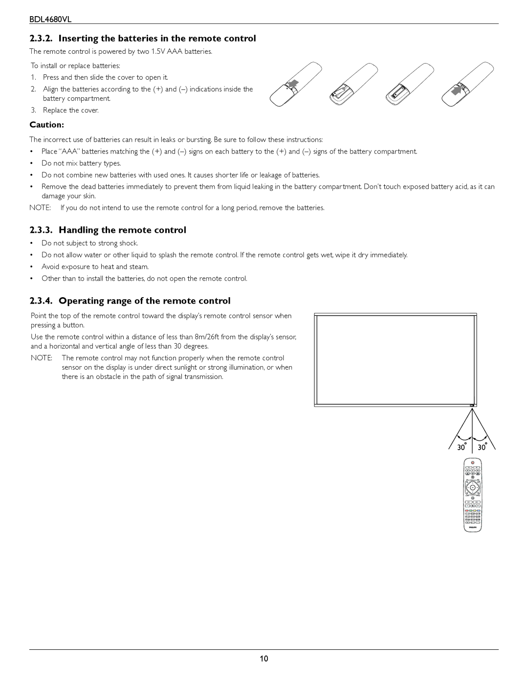 Philips BDL4680VL user manual Inserting the batteries in the remote control, Handling the remote control 