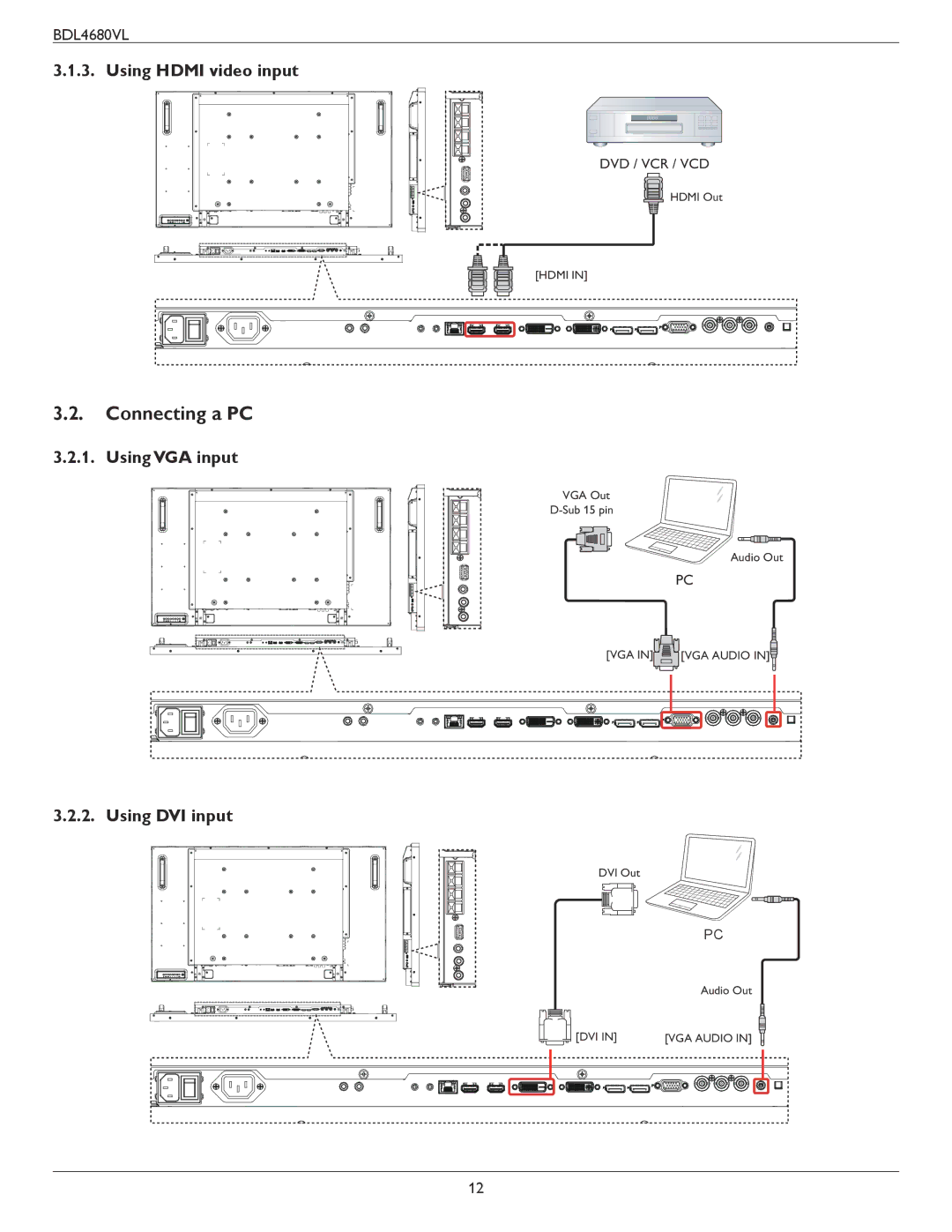 Philips BDL4680VL user manual Connecting a PC, Using Hdmi video input, Using VGA input, Using DVI input 