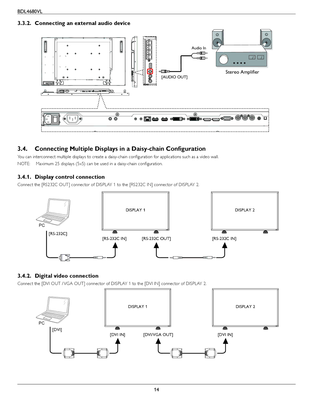 Philips BDL4680VL Connecting Multiple Displays in a Daisy-chain Configuration, Connecting an external audio device 