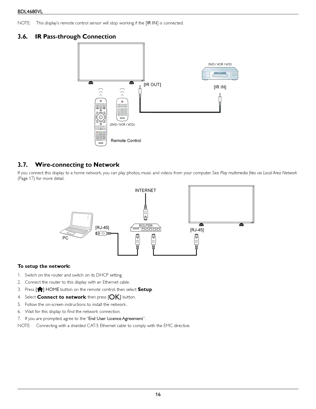 Philips BDL4680VL user manual IR Pass-through Connection, Wire-connecting to Network, To setup the network 