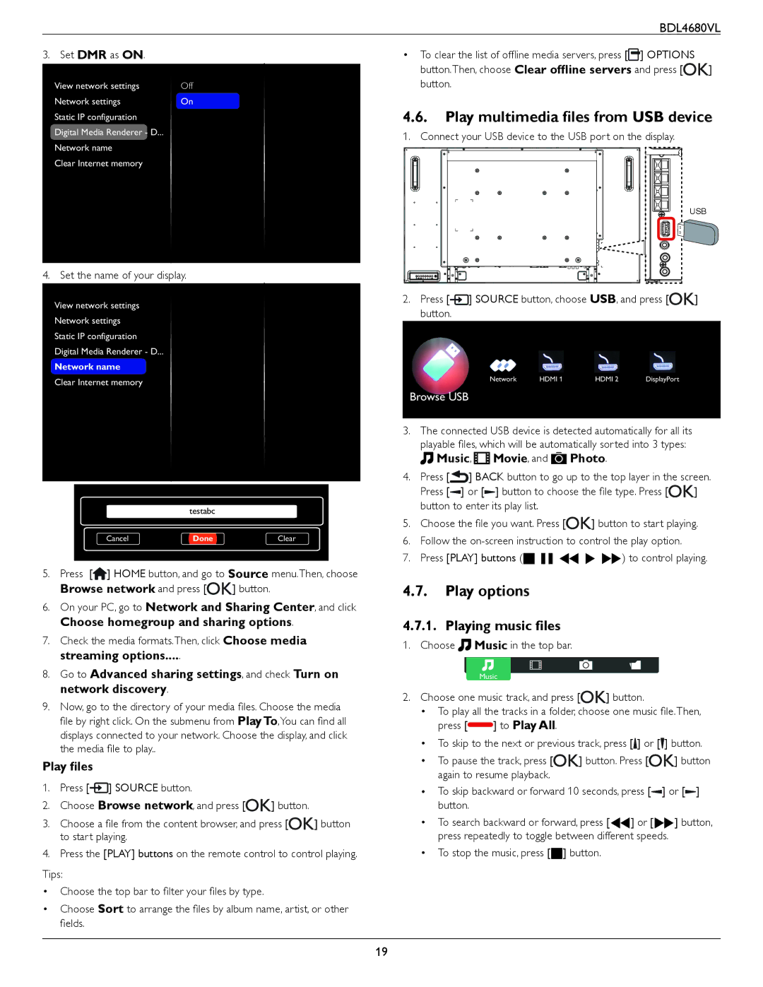 Philips BDL4680VL user manual Play multimedia files from USB device, Play options, Playing music files, Play files 