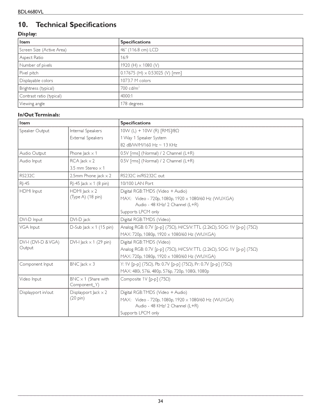 Philips BDL4680VL user manual Technical Specifications, Display, In/Out Terminals 