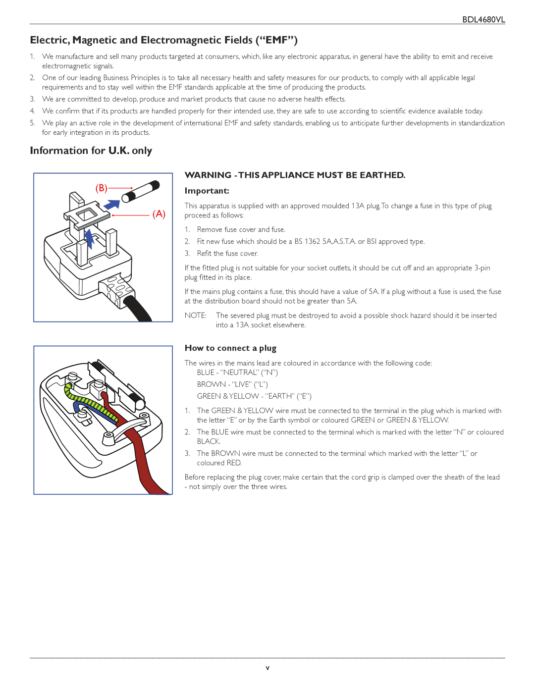 Philips BDL4680VL Electric, Magnetic and Electromagnetic Fields EMF, Information for U.K. only, How to connect a plug 