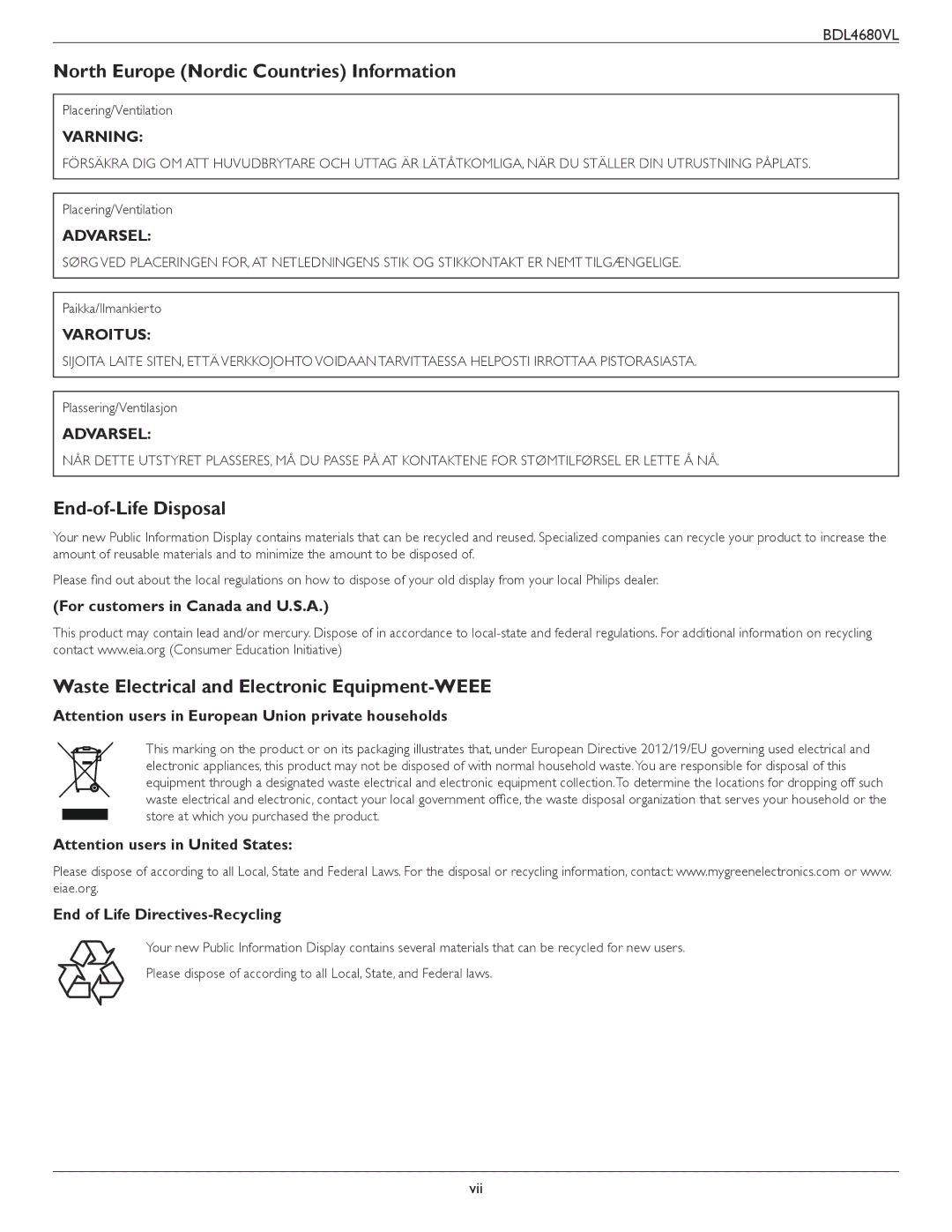 Philips BDL4680VL North Europe Nordic Countries Information, End-of-Life Disposal, For customers in Canada and U.S.A 