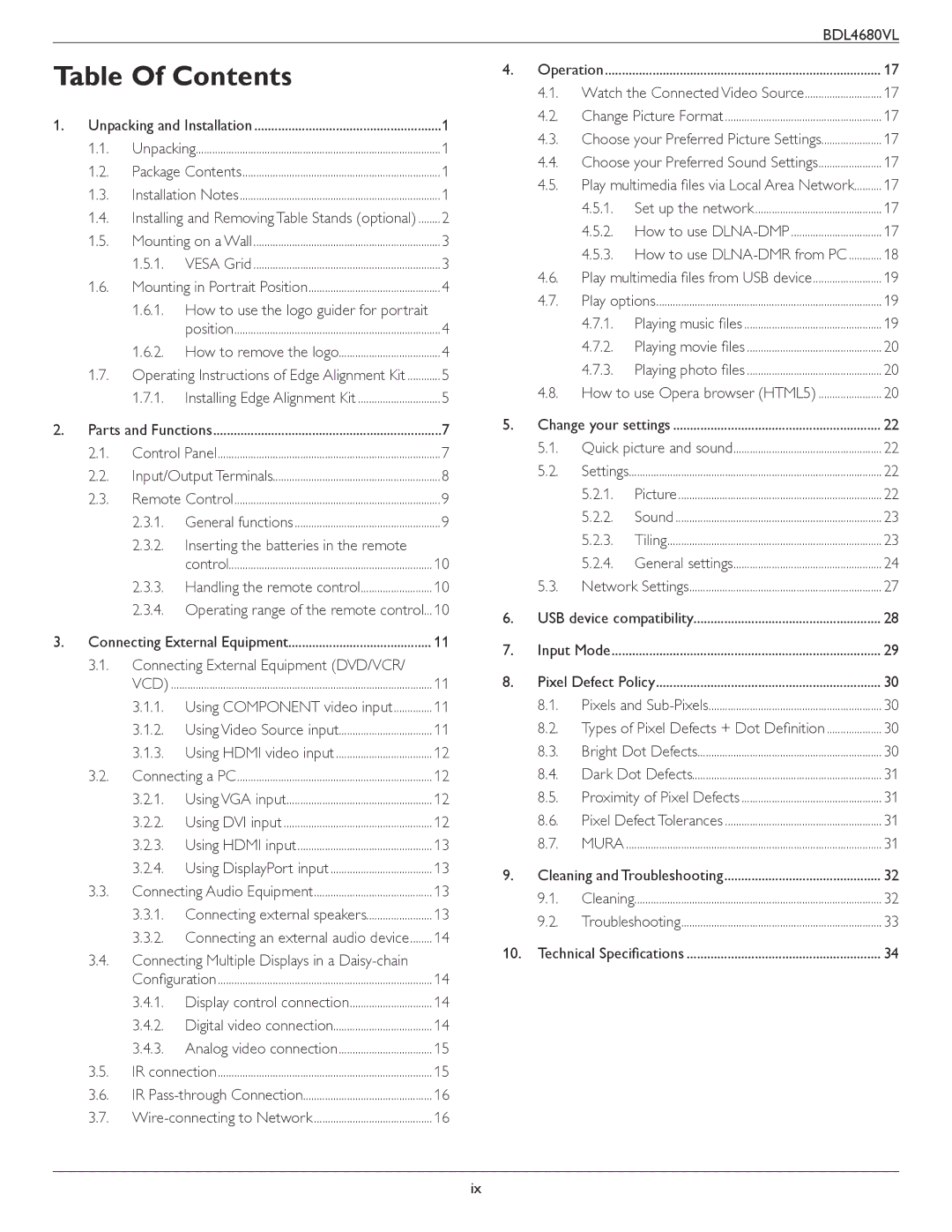 Philips BDL4680VL user manual Table Of Contents 