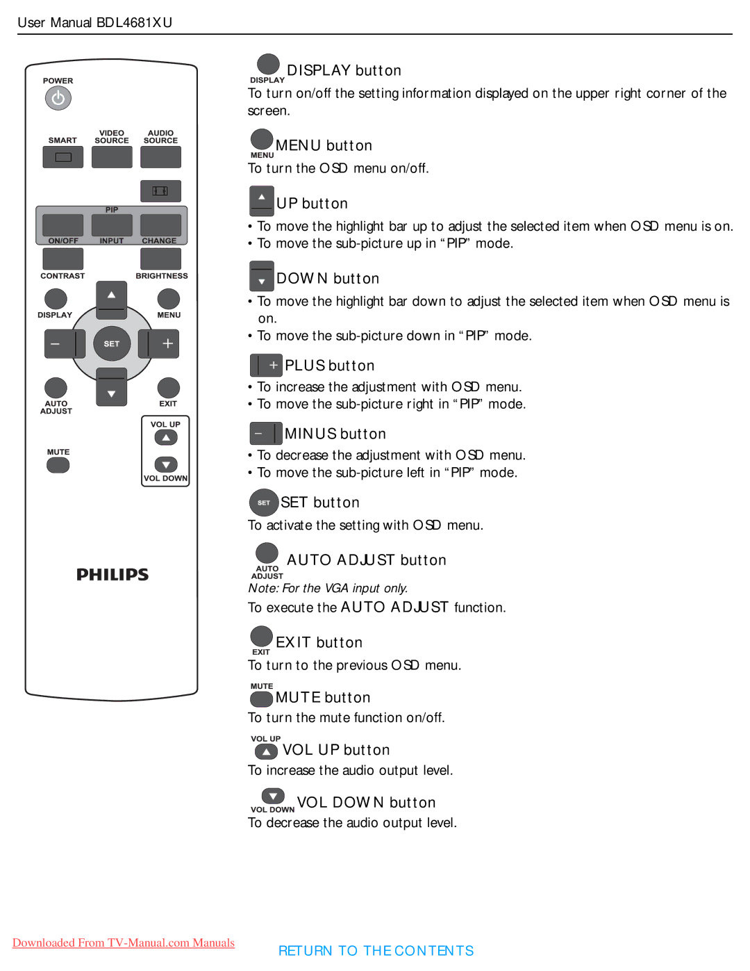 Philips BDL4681XU Display button, UP button, Down button, Plus button, Minus button, SET button, Auto Adjust button 