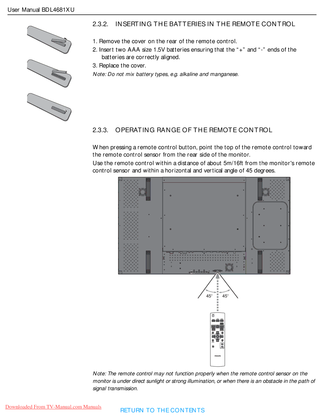 Philips BDL4681XU user manual Inserting the Batteries in the Remote Control 