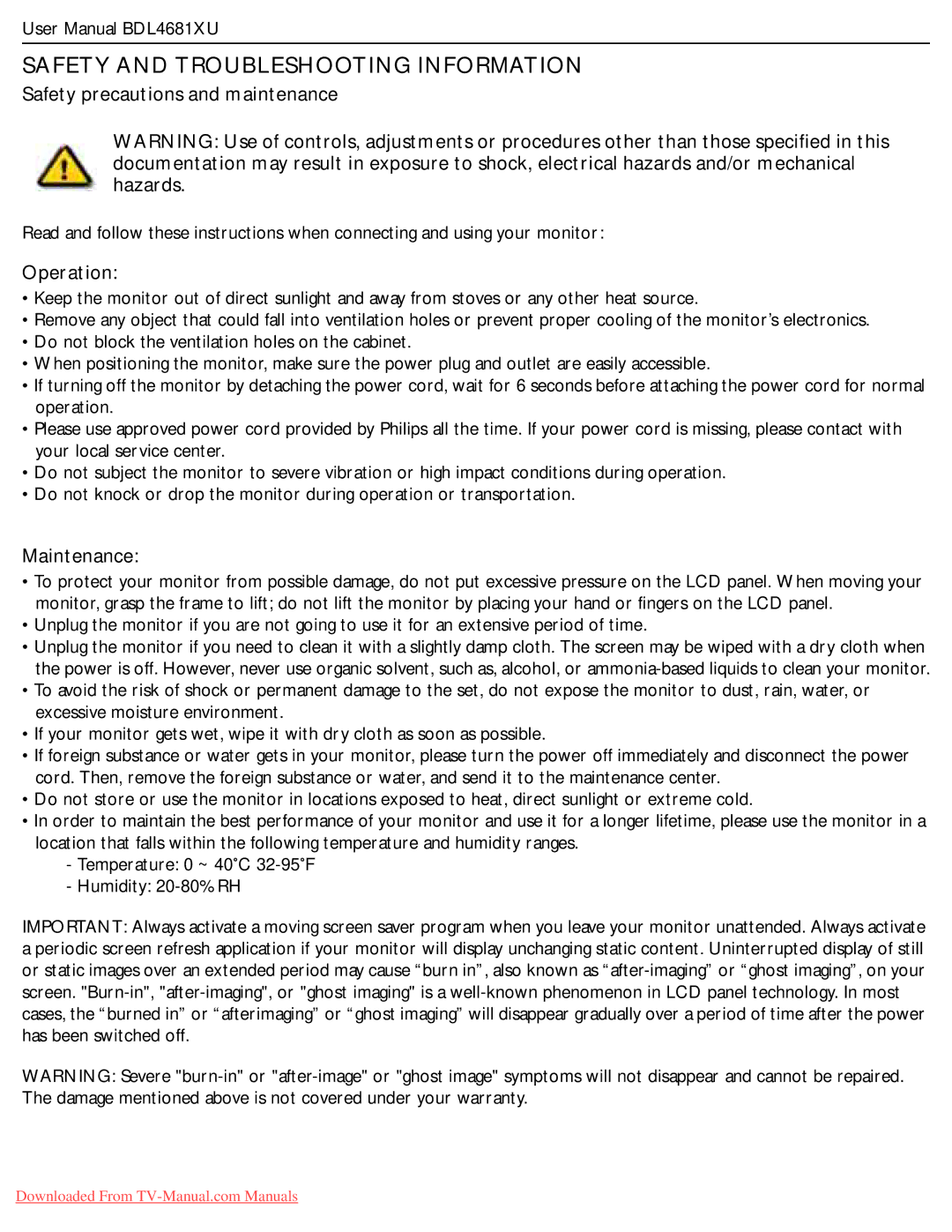 Philips BDL4681XU Safety and Troubleshooting Information, Safety precautions and maintenance, Operation, Maintenance 