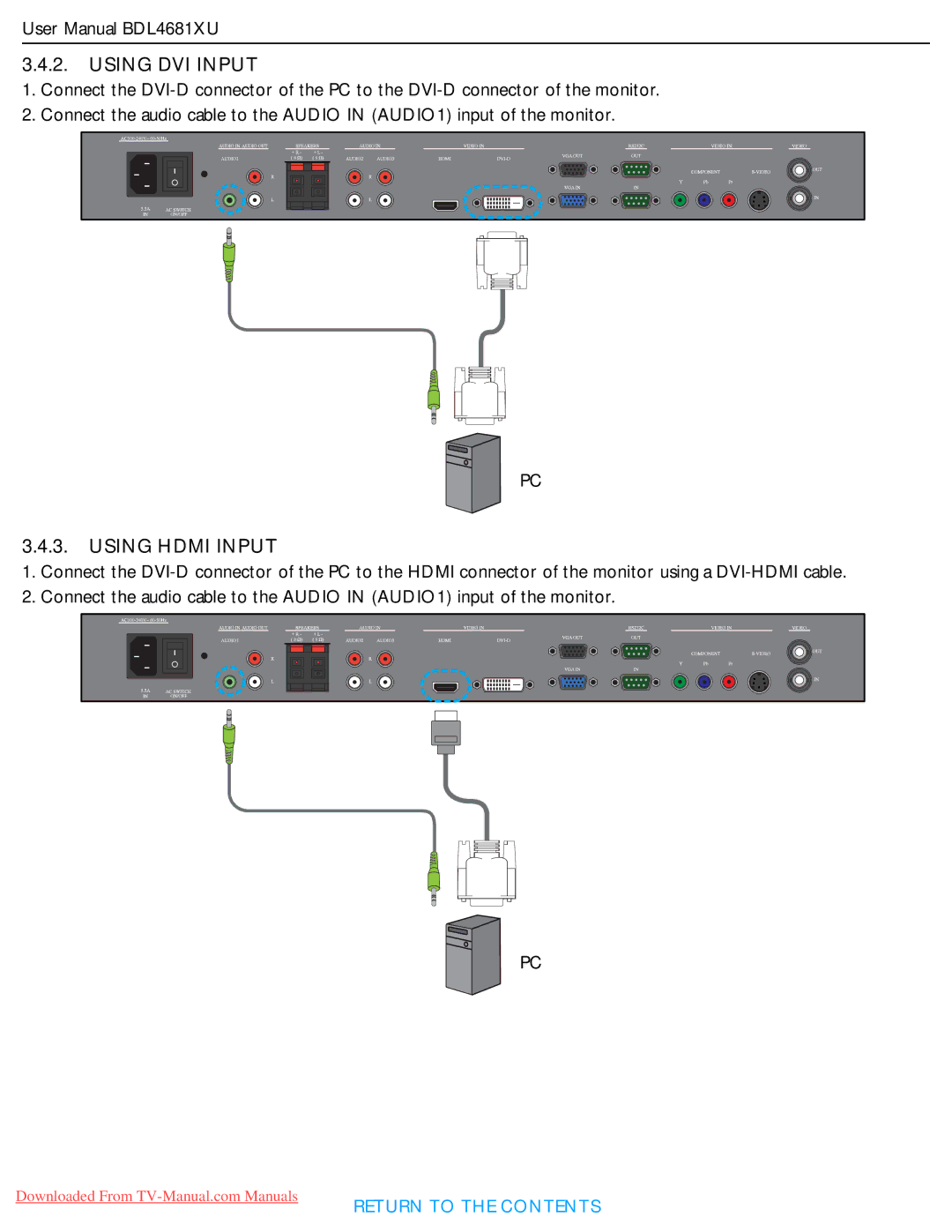 Philips BDL4681XU user manual Using DVI Input 