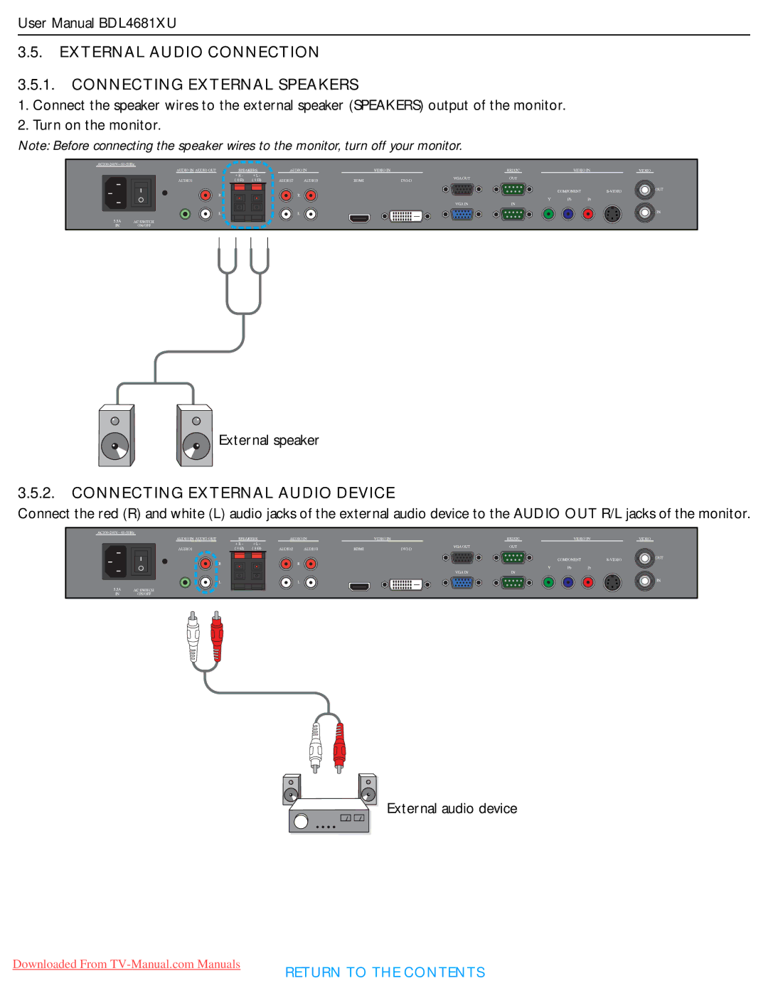 Philips BDL4681XU user manual External Audio Connection Connecting External Speakers, Connecting External Audio Device 