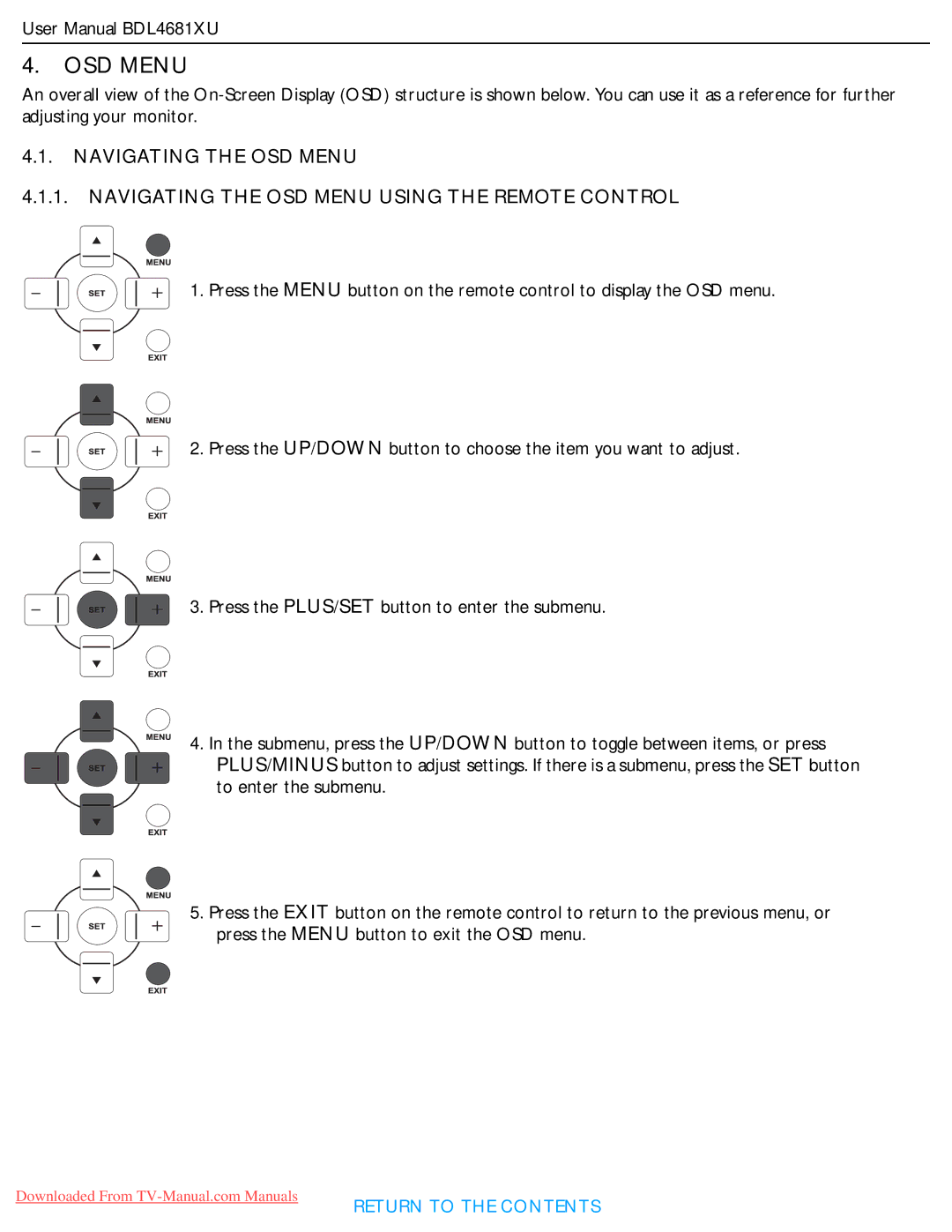 Philips BDL4681XU user manual OSD Menu 