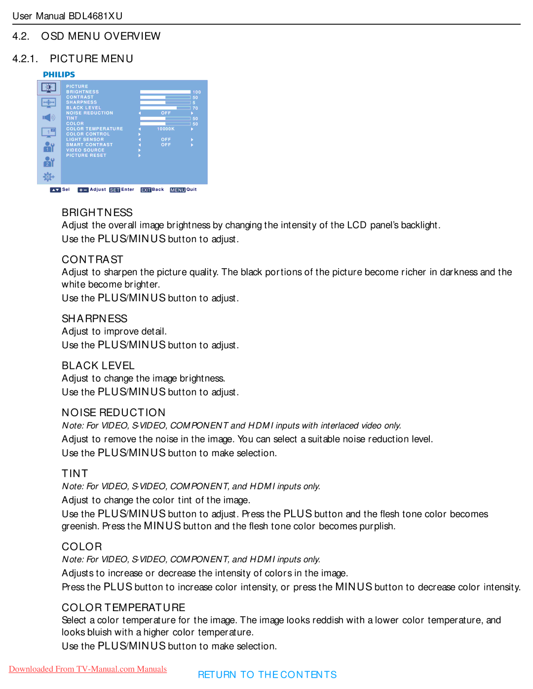 Philips BDL4681XU OSD Menu Overview Picture Menu, Brightness, Contrast, Sharpness, Black Level, Noise Reduction, Tint 