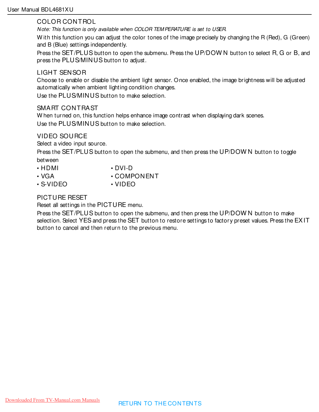 Philips BDL4681XU user manual Color Control, Light Sensor, Smart Contrast, Video Source, Hdmi, Video Picture Reset 