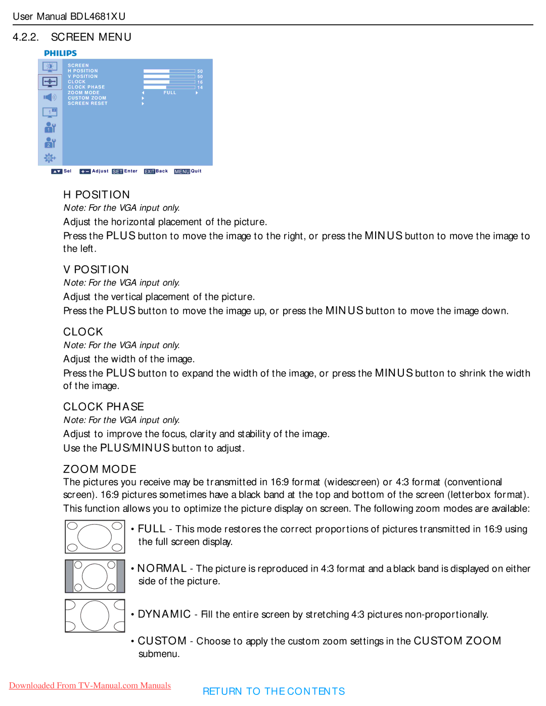 Philips BDL4681XU user manual Position, Clock Phase, Zoom Mode 