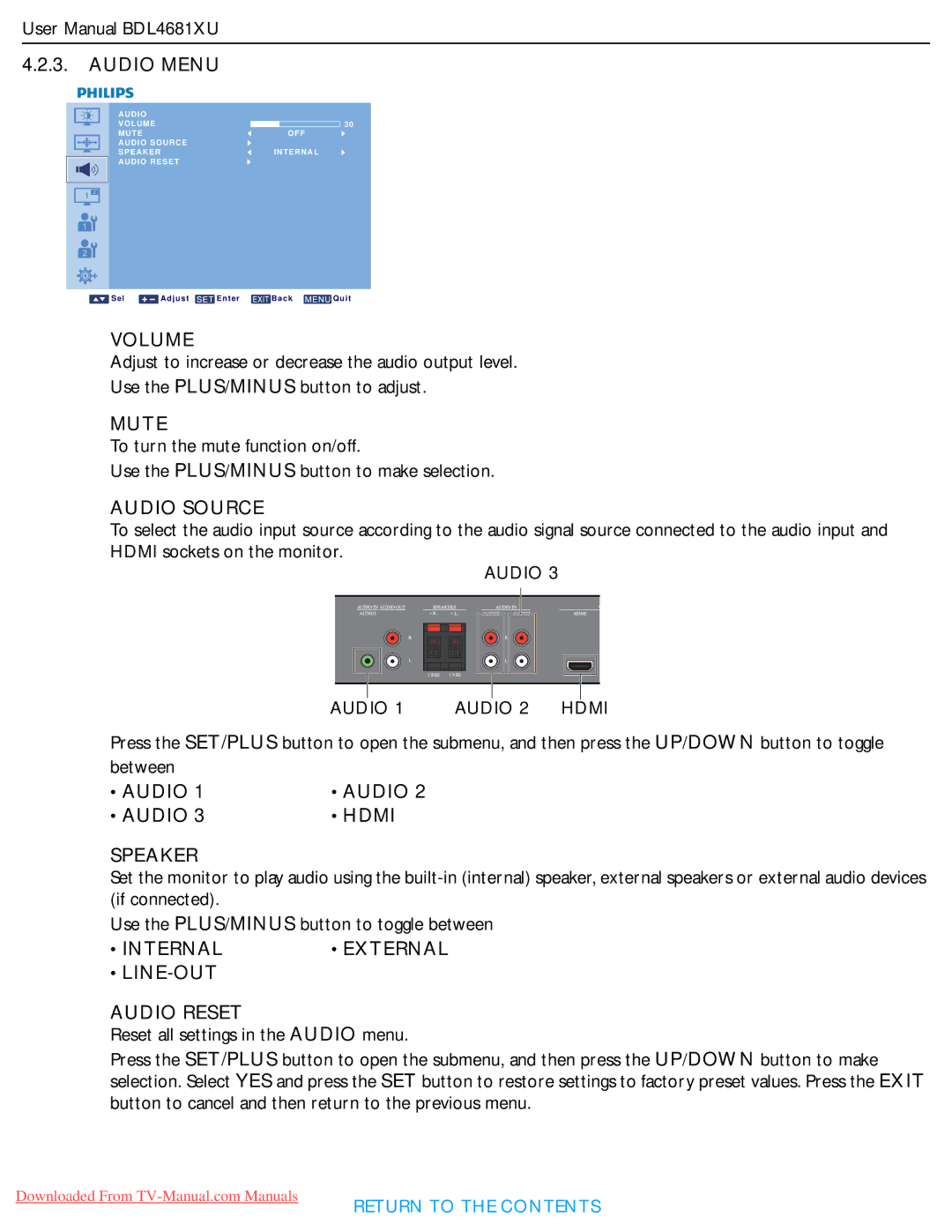 Philips BDL4681XU user manual Volume, Mute, Audio Source, Audio Hdmi Speaker, Internal, LINE-OUT Audio Reset 