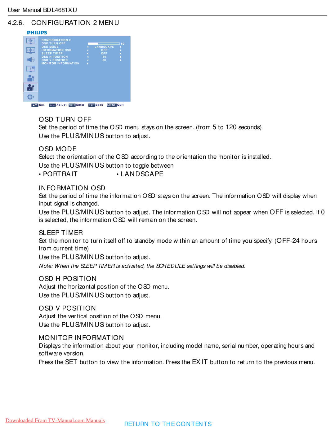 Philips BDL4681XU OSD Turn OFF, OSD Mode, Portrait, Information OSD, Sleep Timer, OSD H Position, OSD V Position 