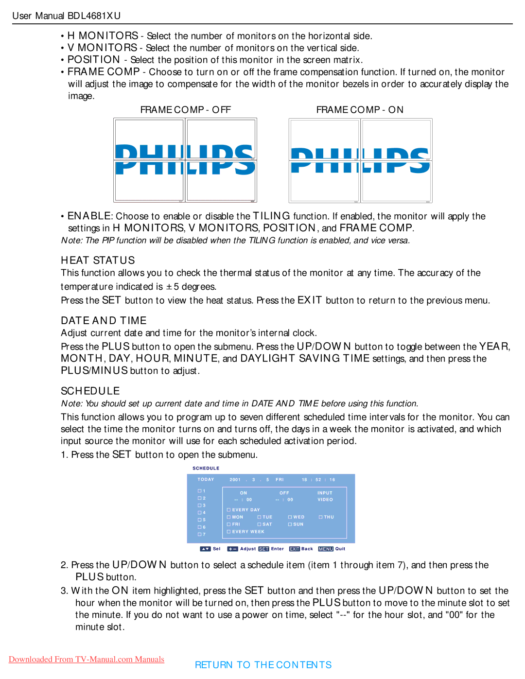 Philips BDL4681XU user manual Heat Status, Date and Time, Schedule 