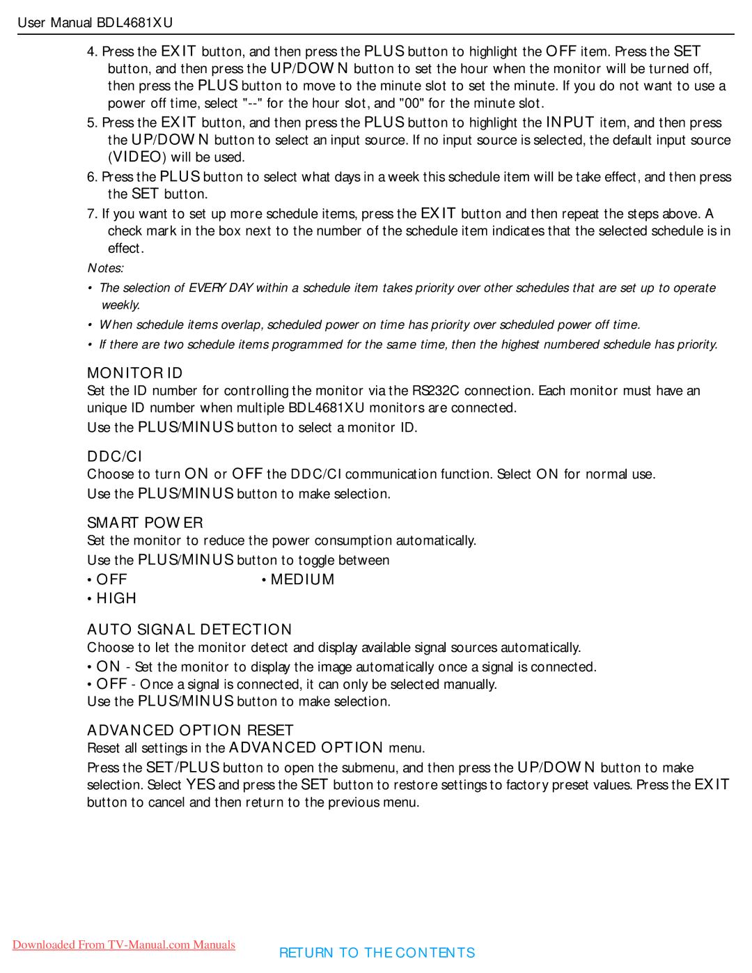 Philips BDL4681XU user manual Monitor ID, Ddc/Ci, Smart Power, Medium, High Auto Signal Detection, Advanced Option Reset 