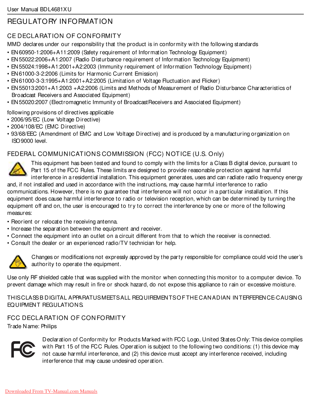 Philips BDL4681XU user manual Regulatory Information, CE Declaration of Conformity, FCC Declaration of Conformity 