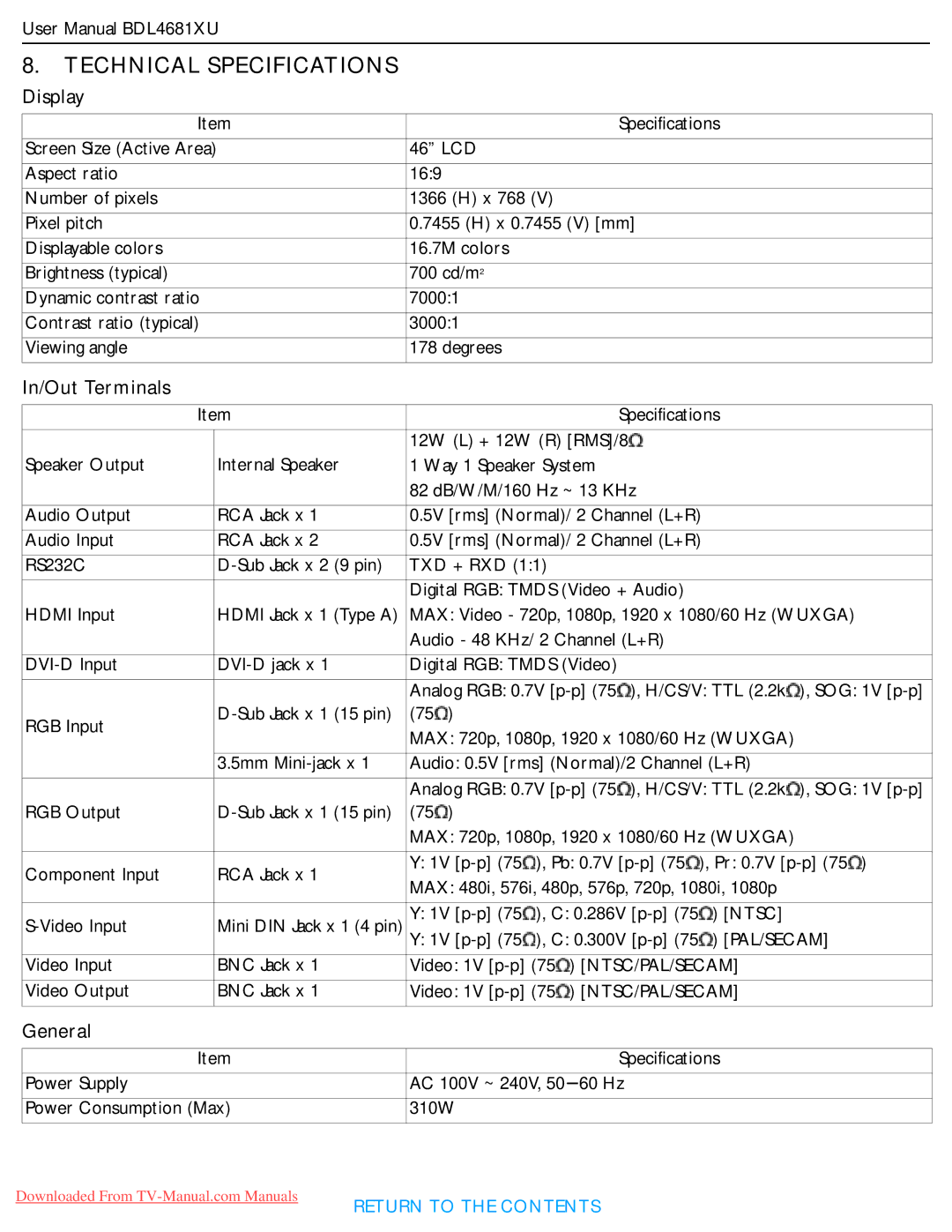 Philips BDL4681XU user manual Technical Specifications, Display, In/Out Terminals, General 