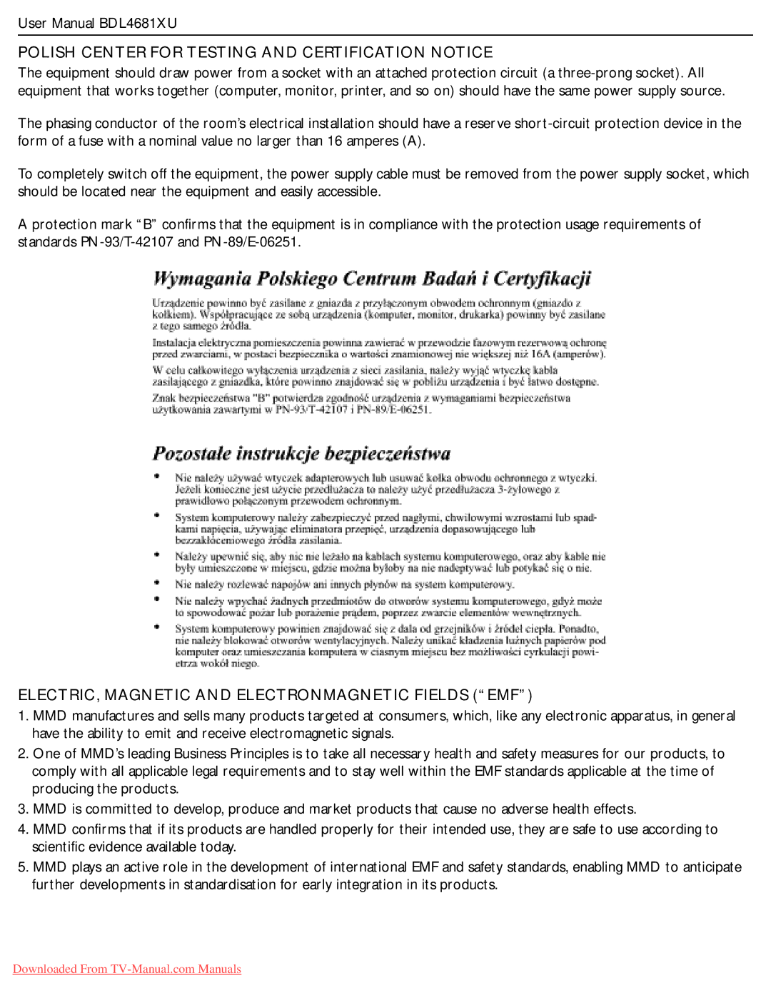 Philips BDL4681XU Polish Center for Testing and Certification Notice, ELECTRIC, Magnetic and Electronmagnetic Fields EMF 