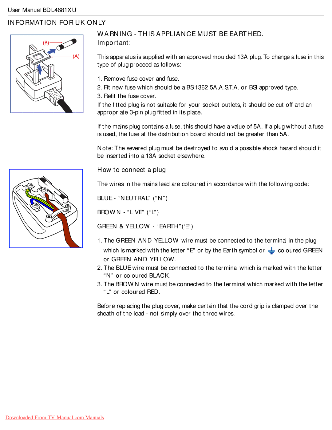 Philips BDL4681XU user manual Information for UK only, How to connect a plug 