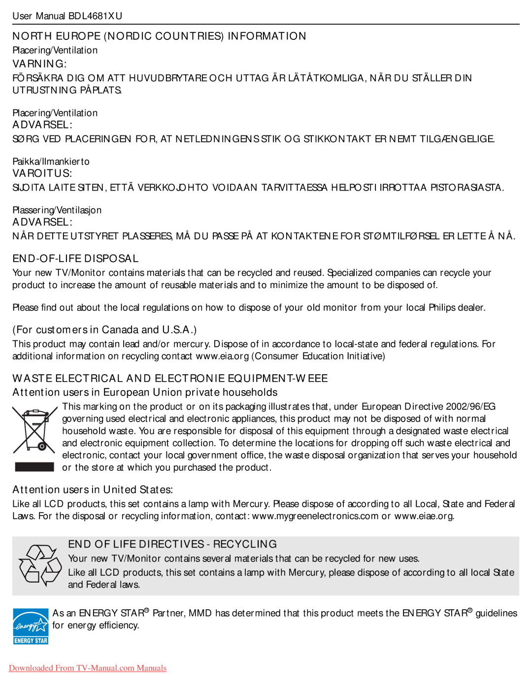 Philips BDL4681XU user manual North Europe Nordic Countries Information, Varning, Varoitus, END-OF-LIFE Disposal 