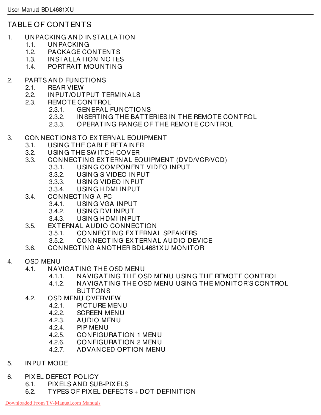 Philips BDL4681XU user manual Table of Contents 