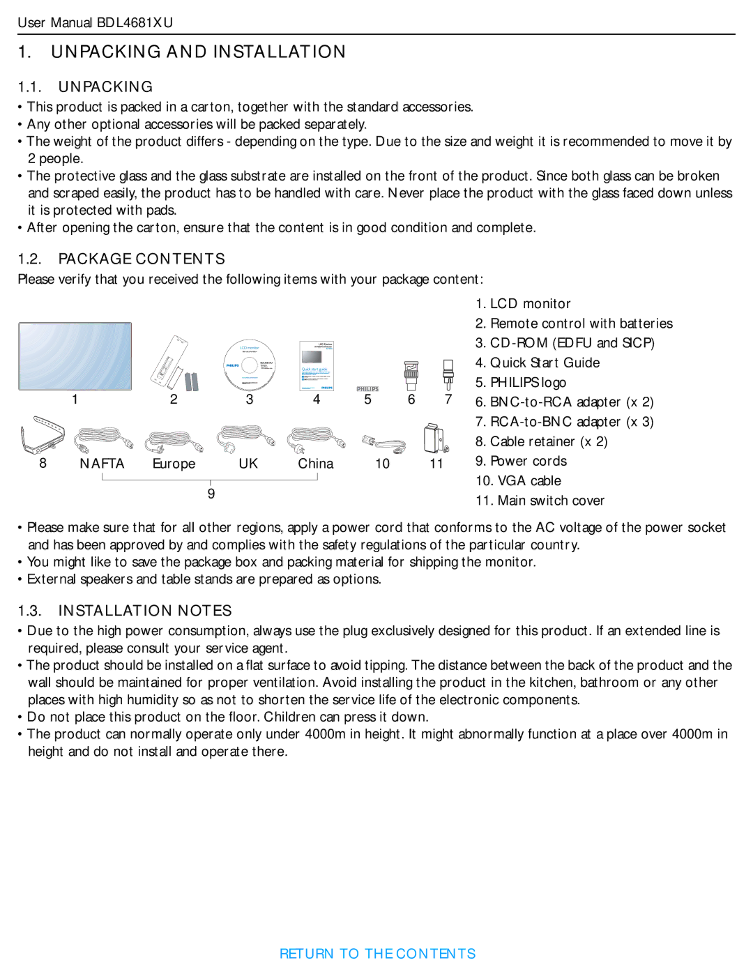 Philips BDL4681XU/00 user manual Unpacking and Installation 