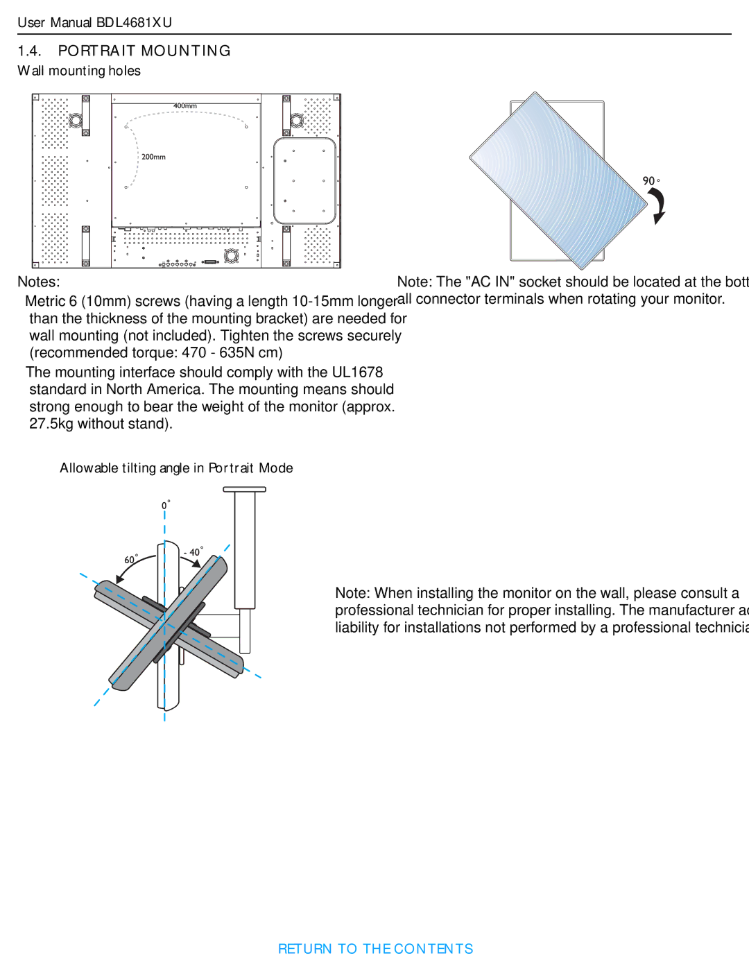 Philips BDL4681XU/00 user manual Portrait Mounting Wall mounting holes 