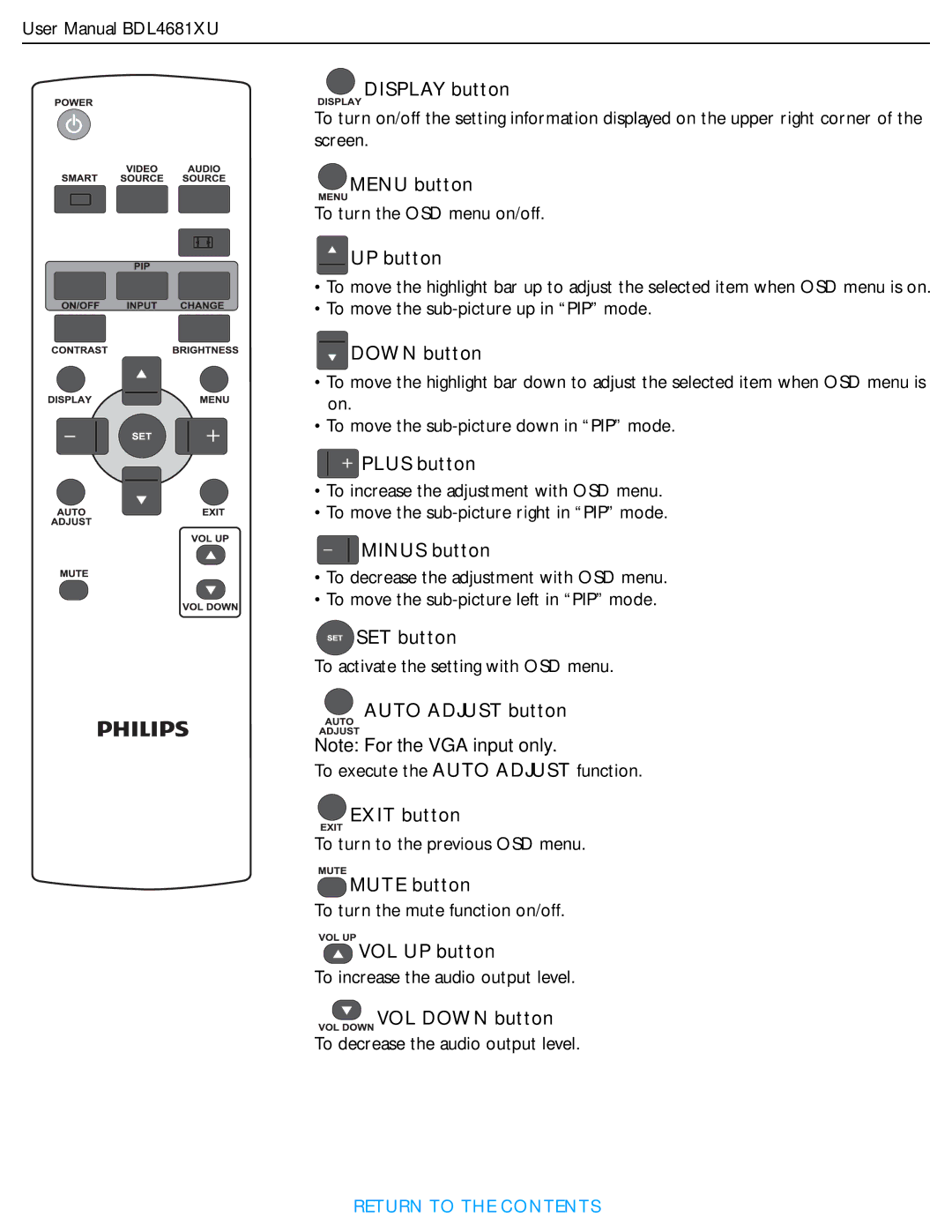 Philips BDL4681XU/00 Display button, UP button, Down button, Plus button, Minus button, SET button, Auto Adjust button 