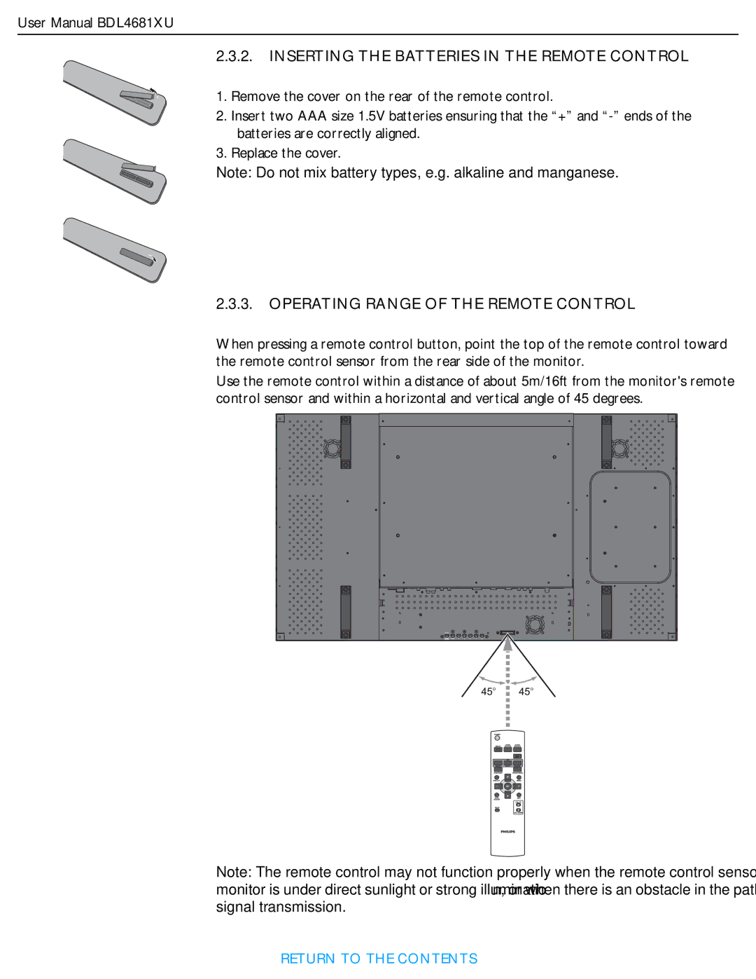 Philips BDL4681XU/00 user manual Inserting the Batteries in the Remote Control 