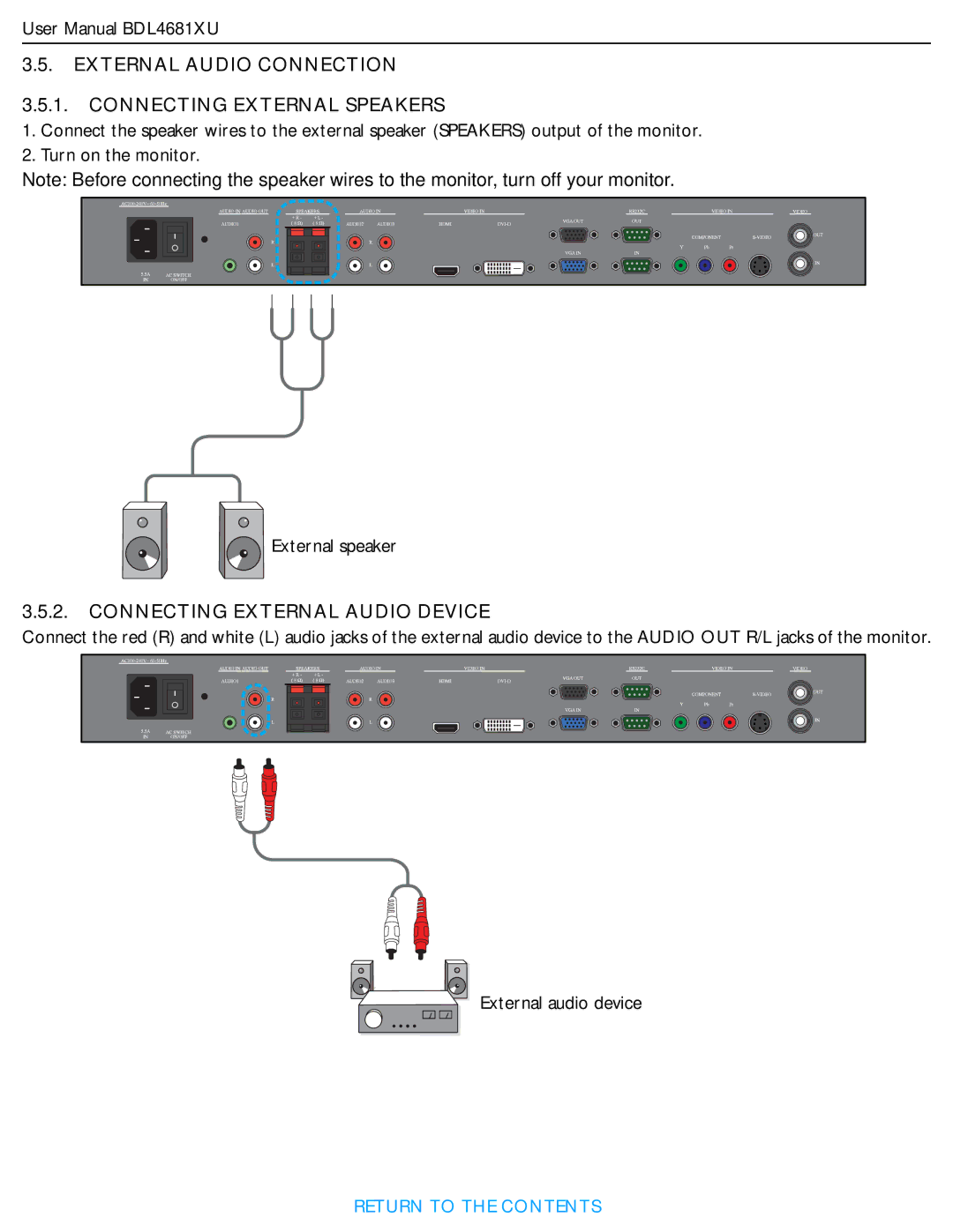 Philips BDL4681XU/00 user manual External Audio Connection Connecting External Speakers, Connecting External Audio Device 