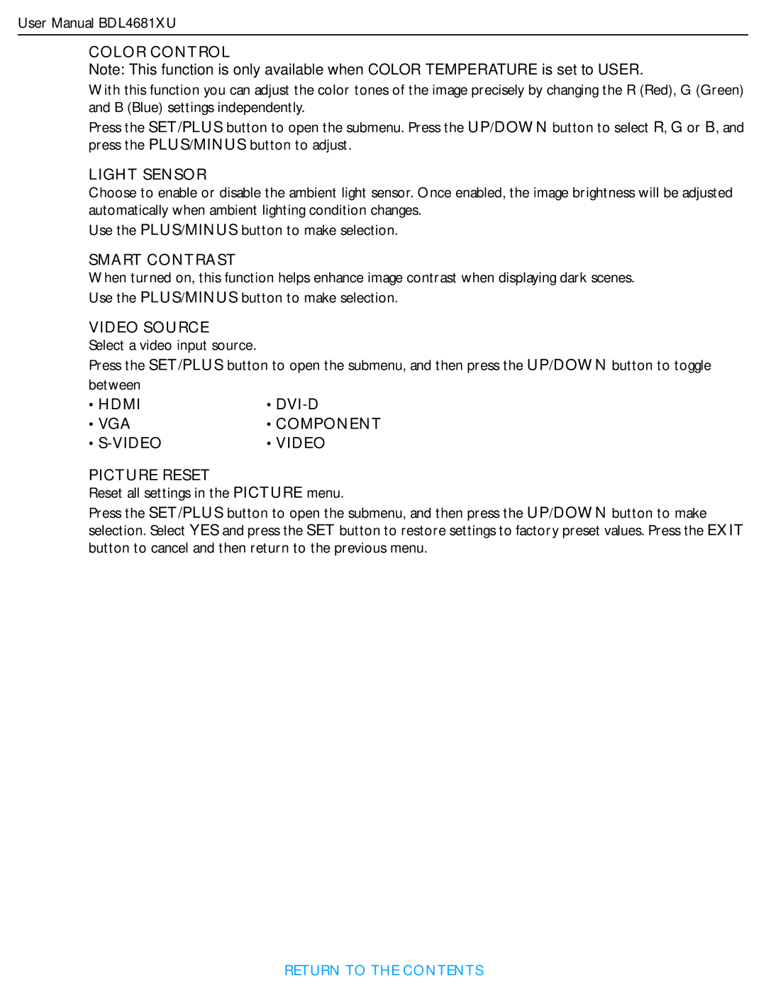 Philips BDL4681XU/00 user manual Color Control, Light Sensor, Smart Contrast, Video Source, Hdmi, Video Picture Reset 