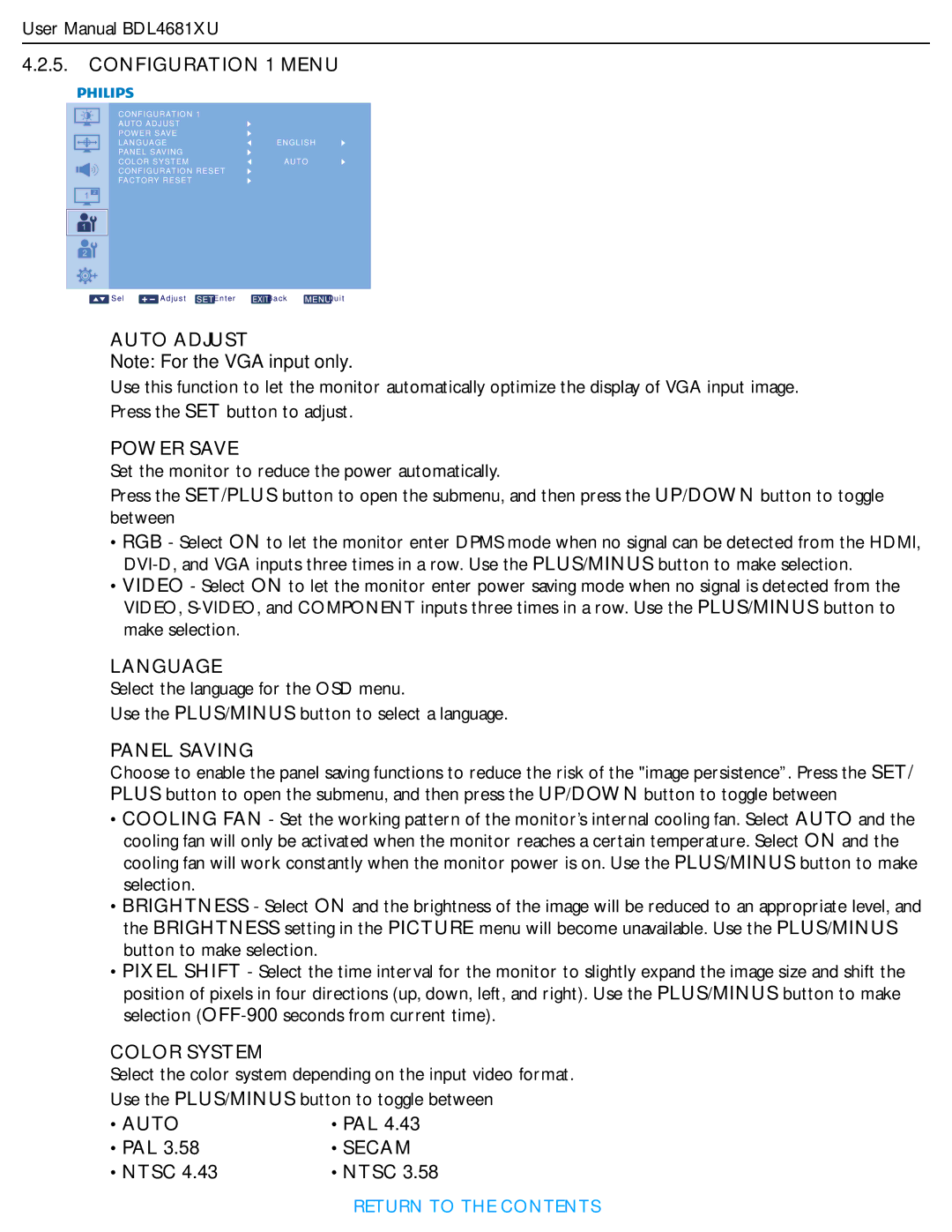 Philips BDL4681XU/00 user manual Configuration 1 Menu, Auto Adjust, Power Save, Language, Panel Saving, Color System, Secam 