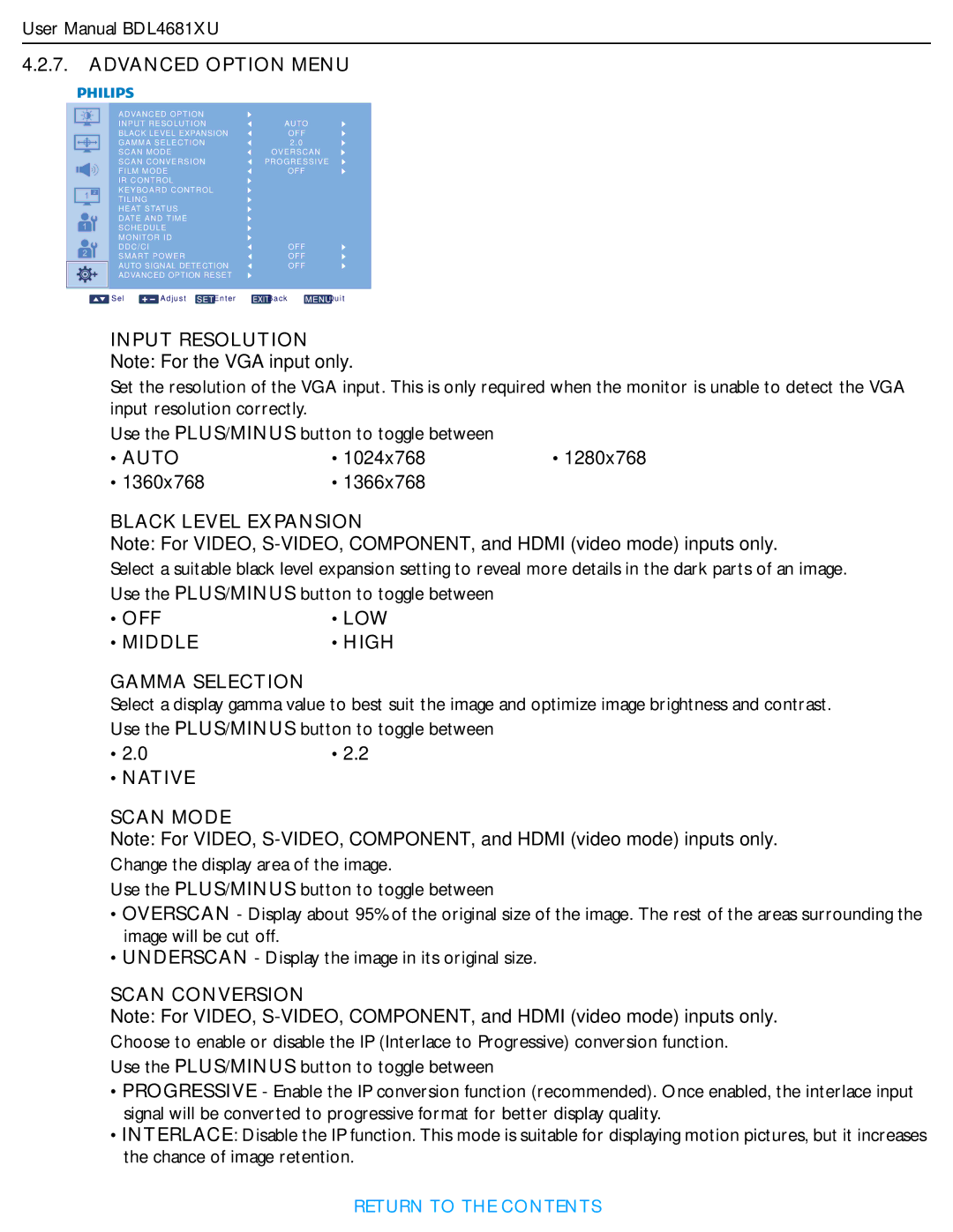 Philips BDL4681XU/00 user manual Input Resolution, Black Level Expansion, Middle High Gamma Selection, Native Scan Mode 