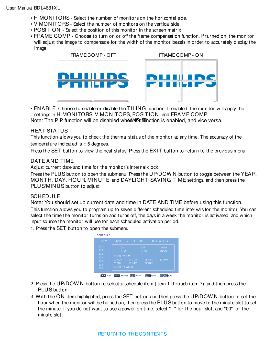 Philips BDL4681XU/00 user manual Heat Status, Date and Time, Schedule 